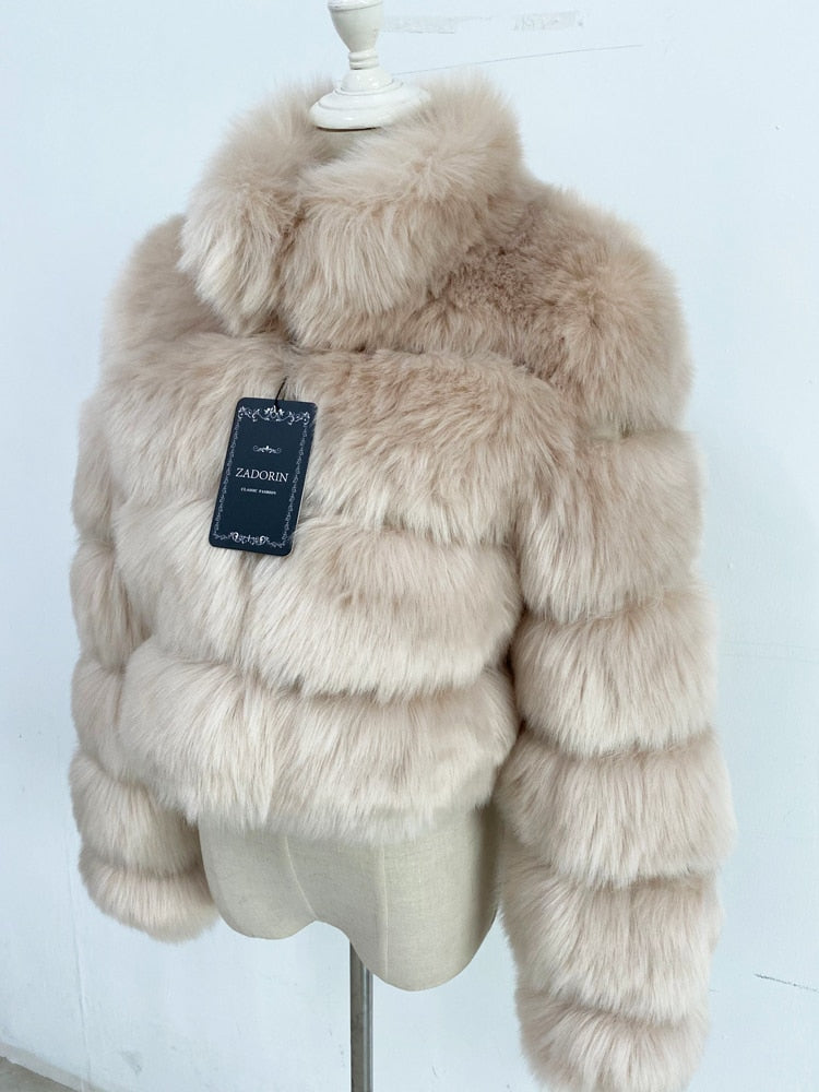 Faux Ladies Cropped Fox Fur Stand Collar Jacket