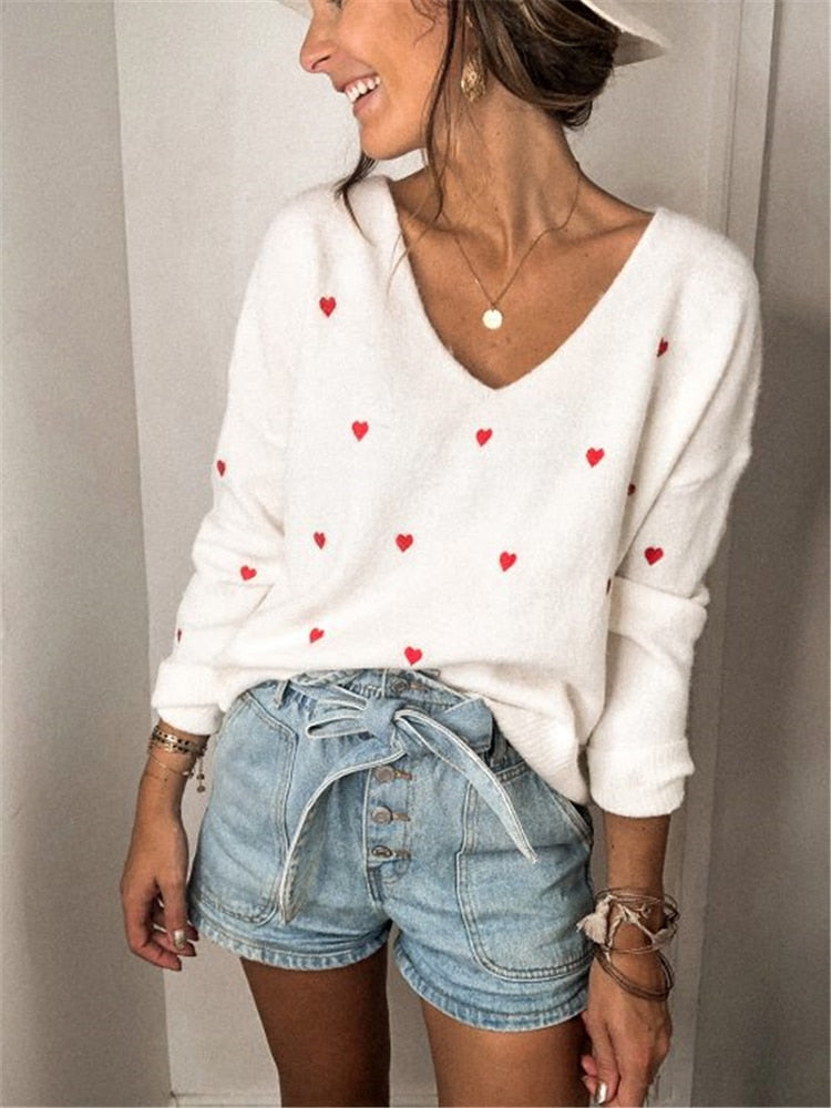 Heart Embroidered Women's V-Neck Pullover Sweater