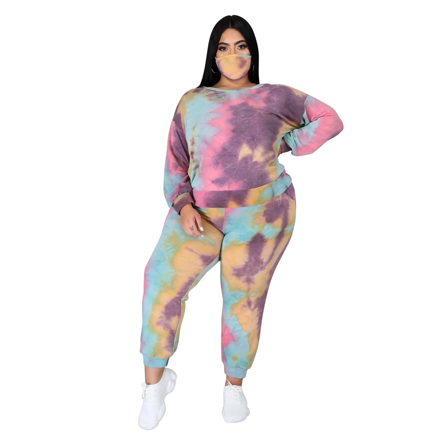 Tie-Dye Hollow-Out Open Lace-Up Back Long Sleeve Pullover Sweatshirt + Sweatpants Women's Tracksuit to 5X Plus Size