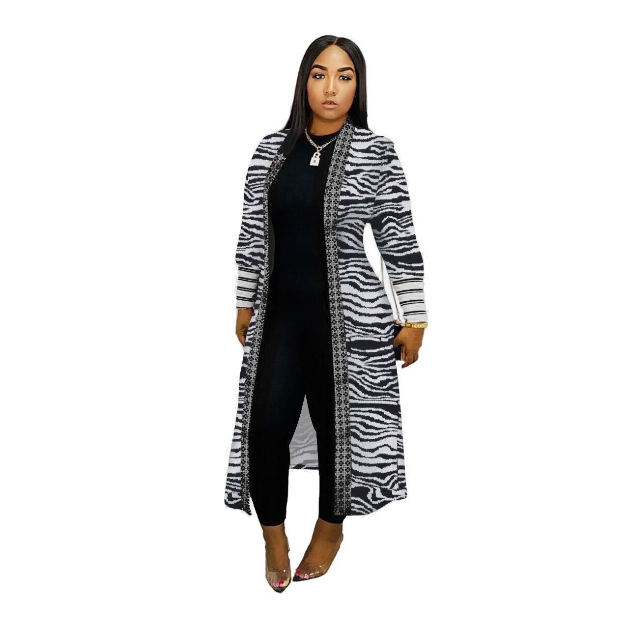 Geometric/Plaid/Leopard Print Ribbed Women's Long Sleeve Maxi Cardigan Sweater