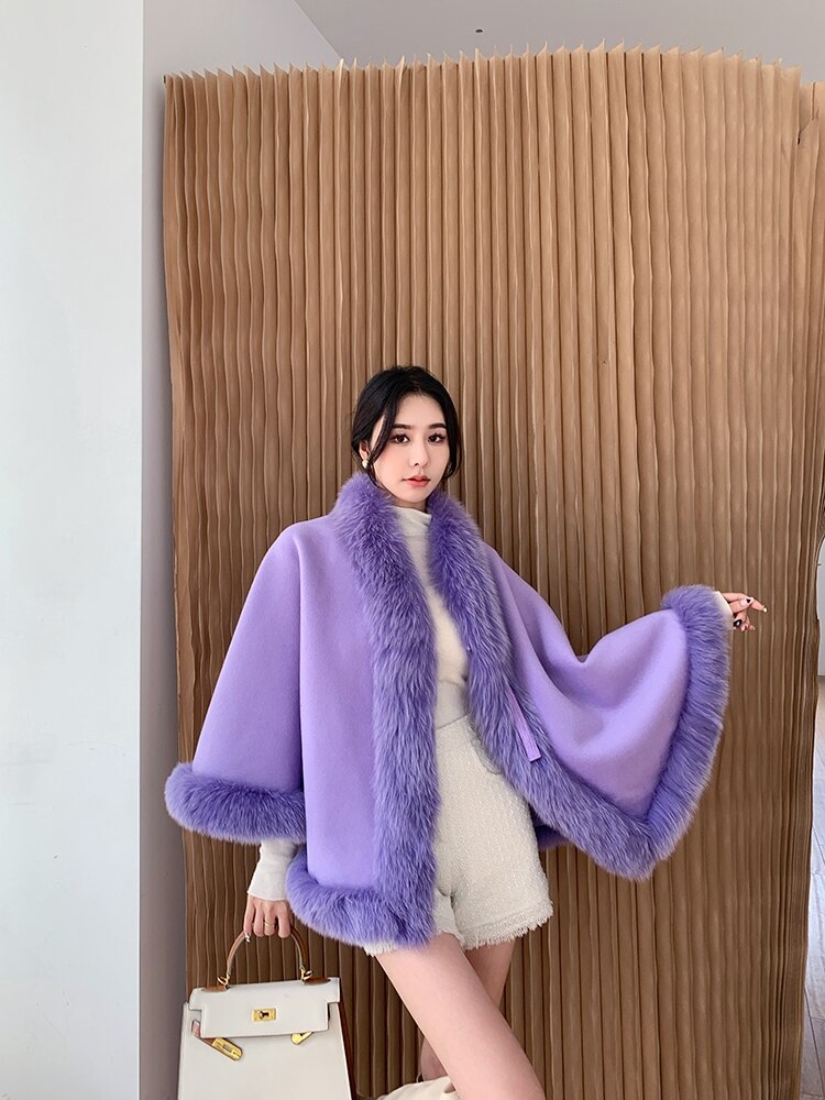 Solid Wool Fox Fur Collar Cheongsam Cloak Retro Tassel Shawl