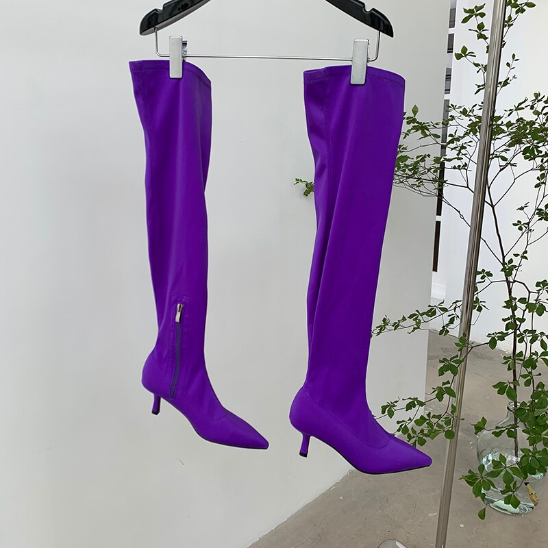 Candy Color Over-The-Knee Pointed Toe Side Zipper Green/Pink/Black/Purple Stretch Fabric Boots