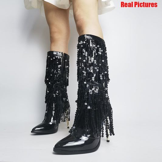 Mirror Metallic Fringe Tassel Detail Glitter Pointed Toe Mid-Calf Women's Boots