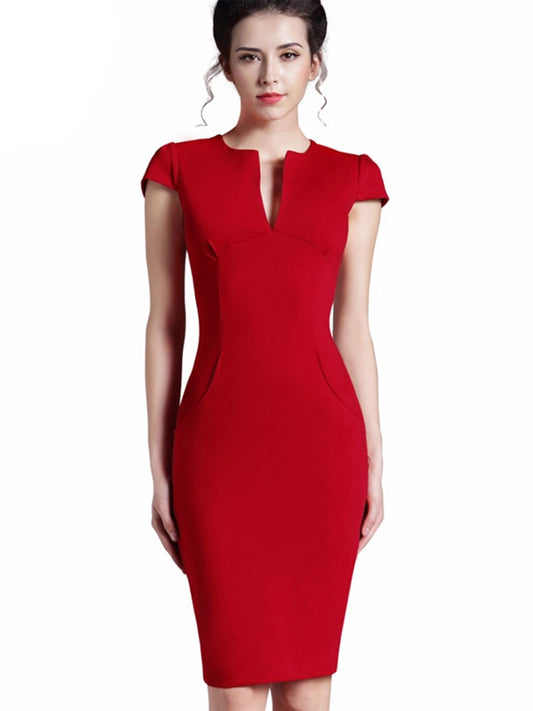 Solid Deep V-Neck Zipper Back Pencil Bodycon Pocket Office/Work Midi Dress