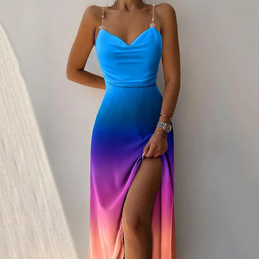 Ombre Rainbow Gradient Colorblock V-Neck Spaghetti Strap Halter Sleeveless High Slit Maxi Dress