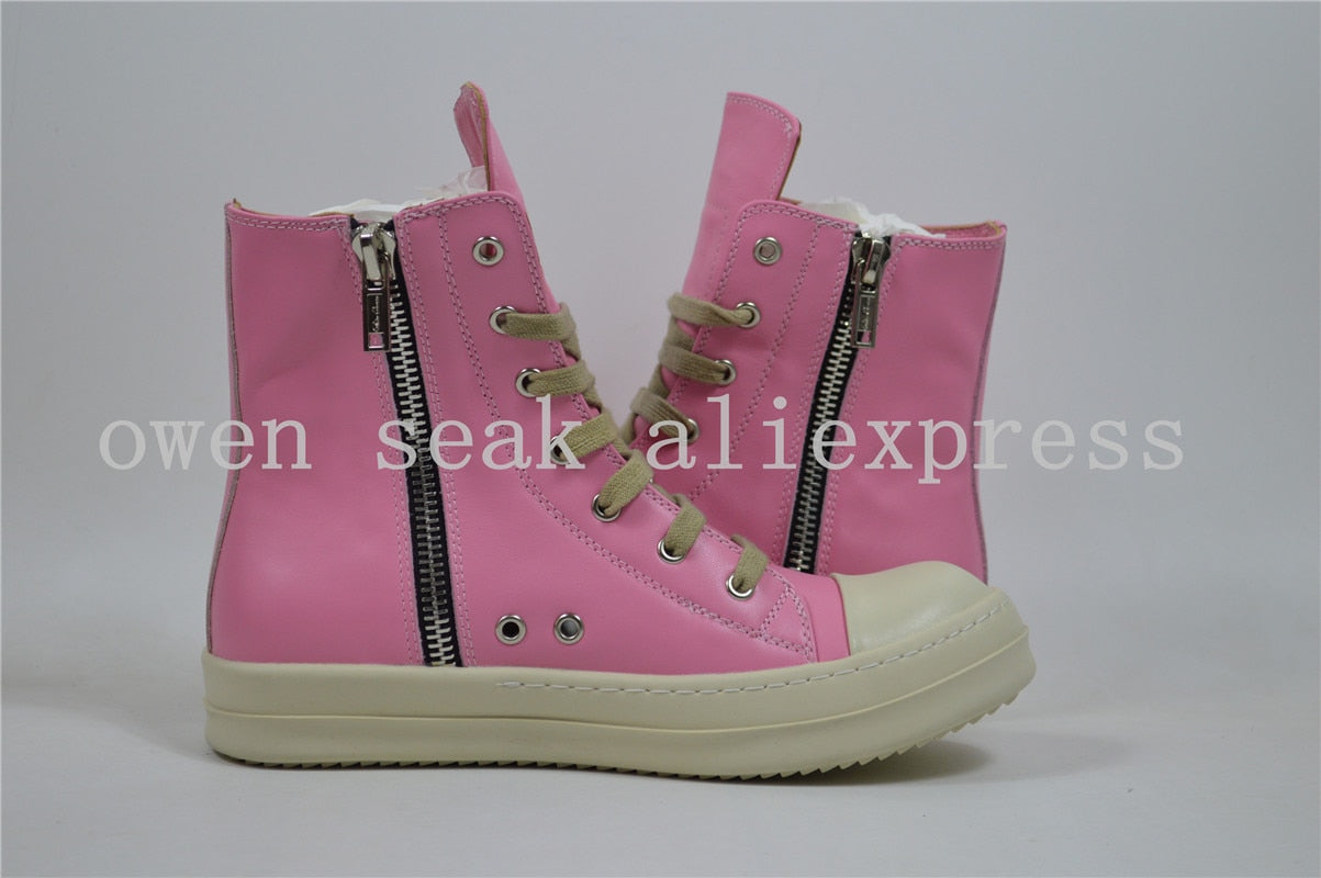 Pink Unisex Hightop Leather Motorcycle Lace Up Sneakers