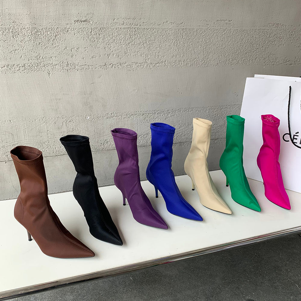 Colored Ladies Pointed Toe Stretch Ankle Boots