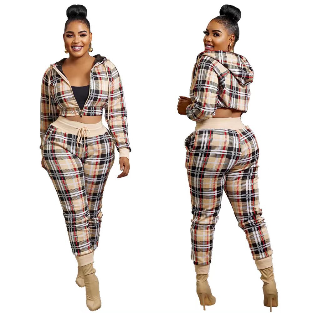 Plaid Ladies Long Sleeve Cropped Zipper Jacket + Matching Sweatpants Tracksuit to 3X Plus Size