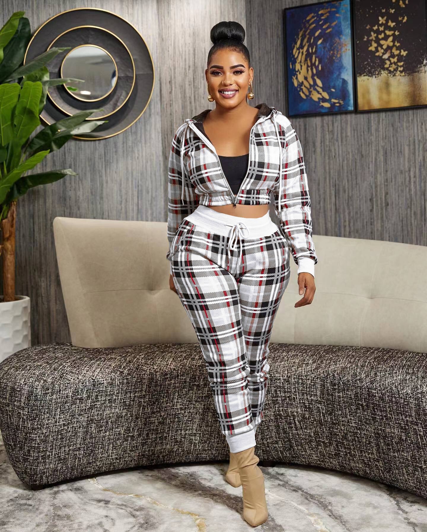 Plaid Ladies Long Sleeve Cropped Zipper Jacket + Matching Sweatpants Tracksuit to 3X Plus Size