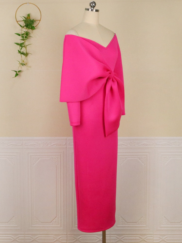 Hot Pink Oversized Bow Detail Bare Shoulder Long Sleeve Bodycon Dress to 3X