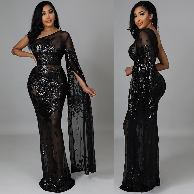 Sparkling Gold Sequin One Shoulder Sheer Mesh Maxi Bodycon Evening Gown