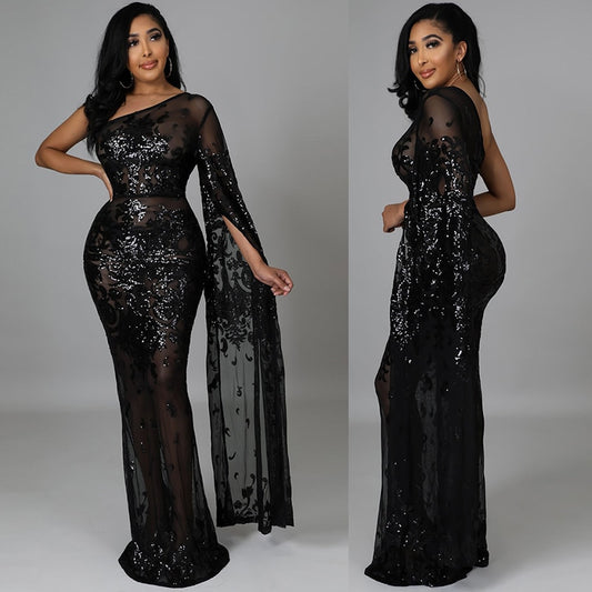 Sparkling Metallic Gold/White or Solid Black Sequin One Shoulder Sheer Mesh Maxi Bodycon Evening Gown w/ Sweep Train