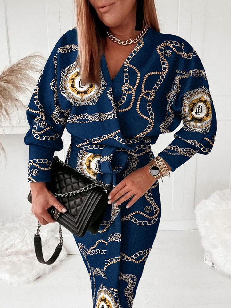 Geometric Print Long Sleeve Belted Midi Wrap Dress