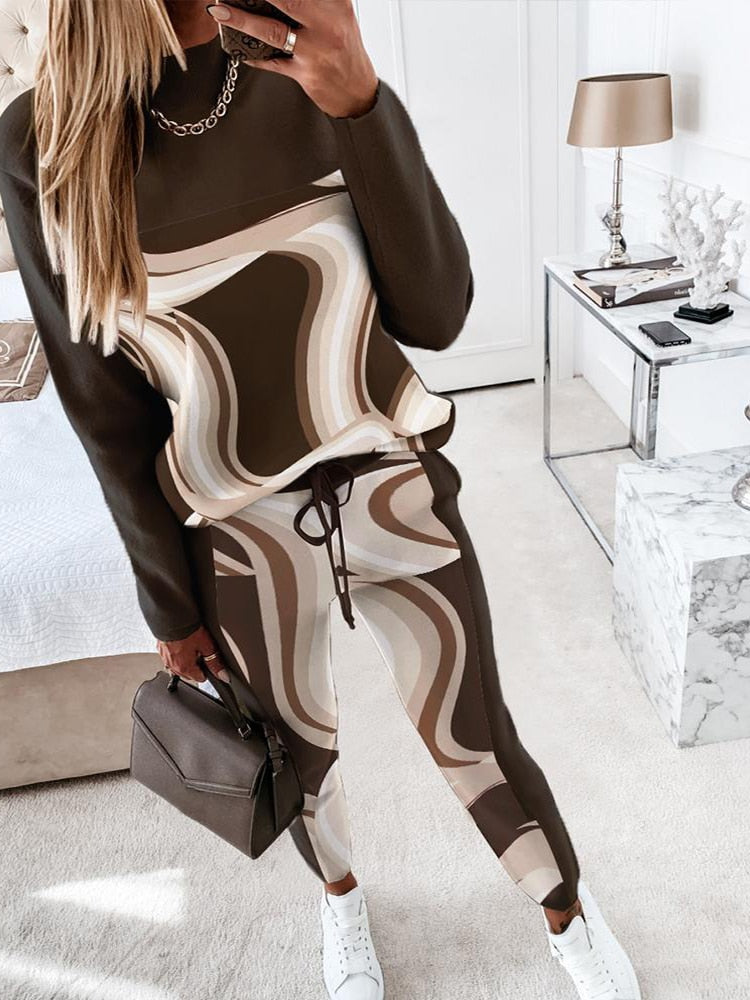 Geometric/Solid/Striped Printed Long Sleeve Top & Pants Women's Tracksuits