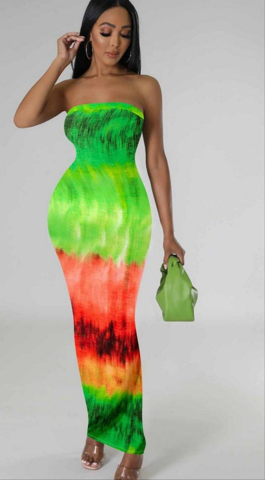 Tie-Dye/Tropical/Colorblock Sleeveless Tube Maxi Dress