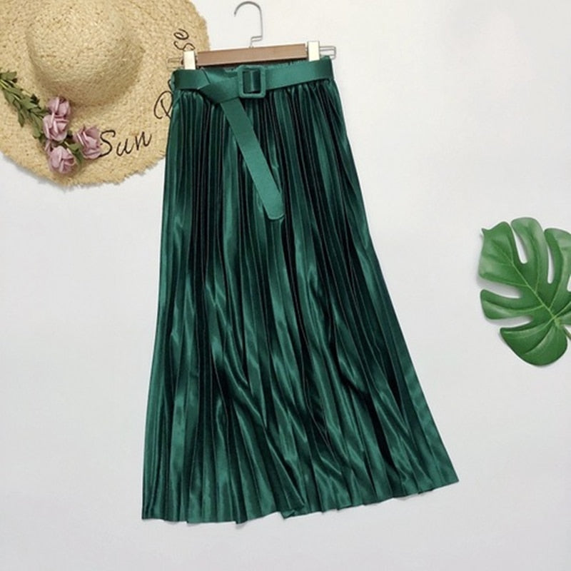 Satin Loose Pleated Solid Color High Waisted Maxi Skirt