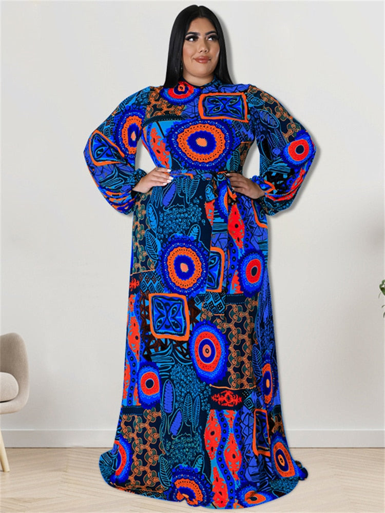 African Print Long Sleeve Maxi Dress Plus to 5X