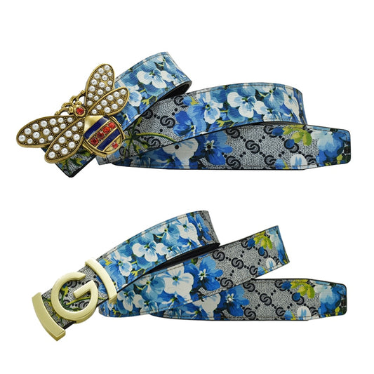 Butterfly GG Bee Designer Monogram Print Women's Leather Belt