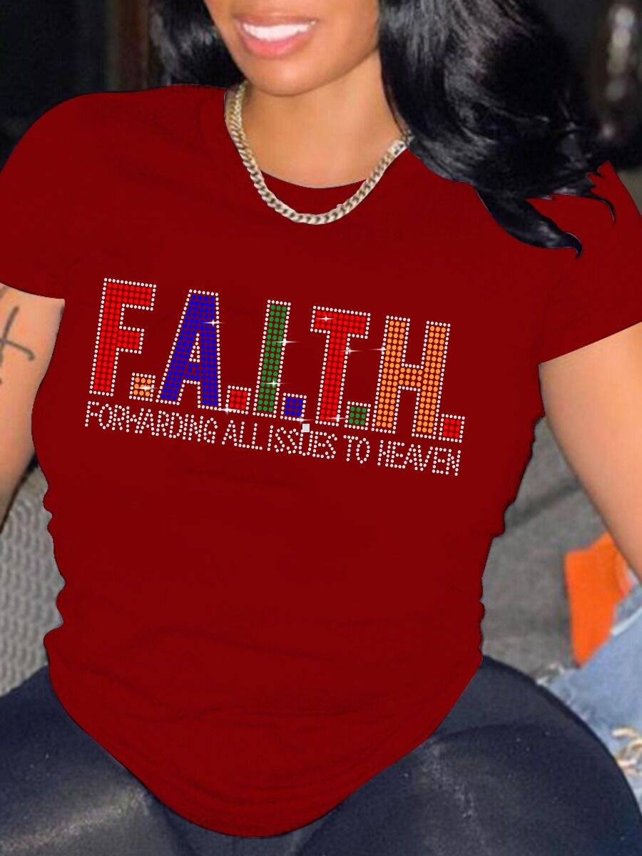 Rhinestone Faith Letter Gradient Geometric Print Short Sleeve O-Neck Ladies T-Shirt to 5X