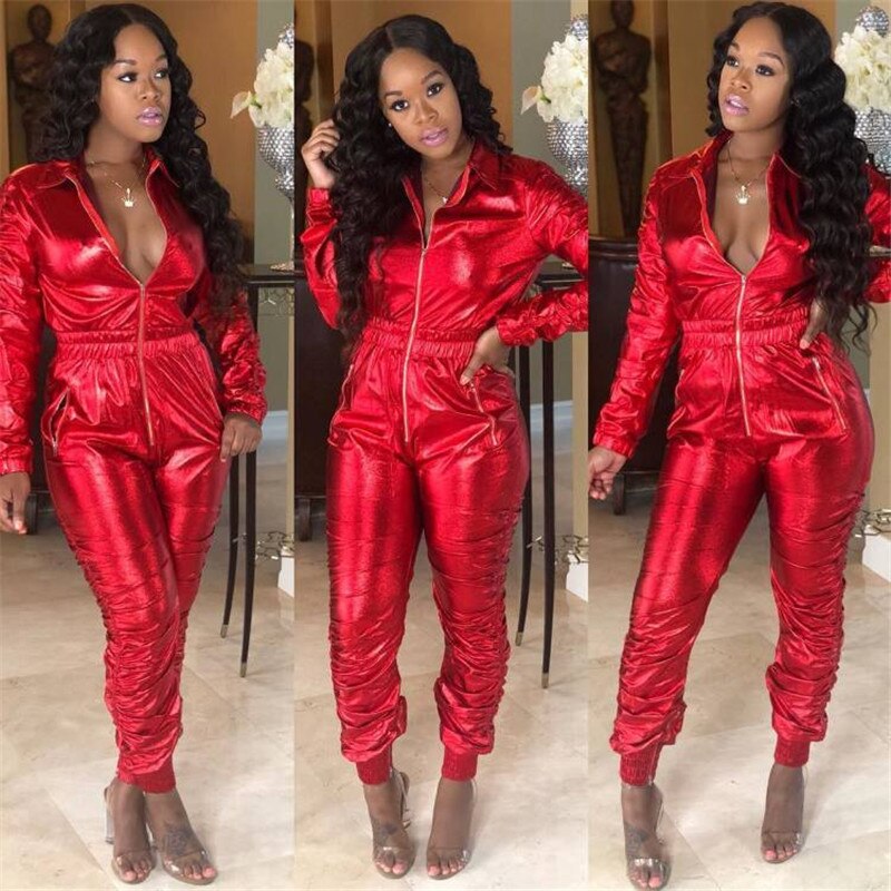 Faux Leather Turn Down Collar Zipper Long Sleeve Jumpsuit