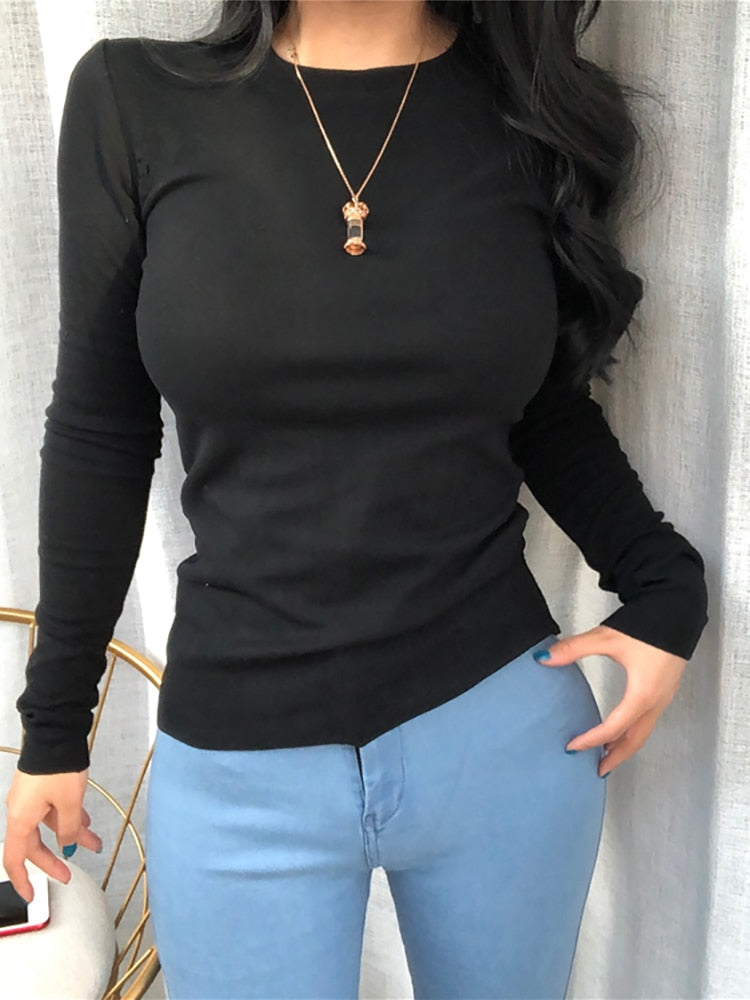 Solid Knitted Women's Long Sleeve Solid Color Square Shoulder T-Shirt