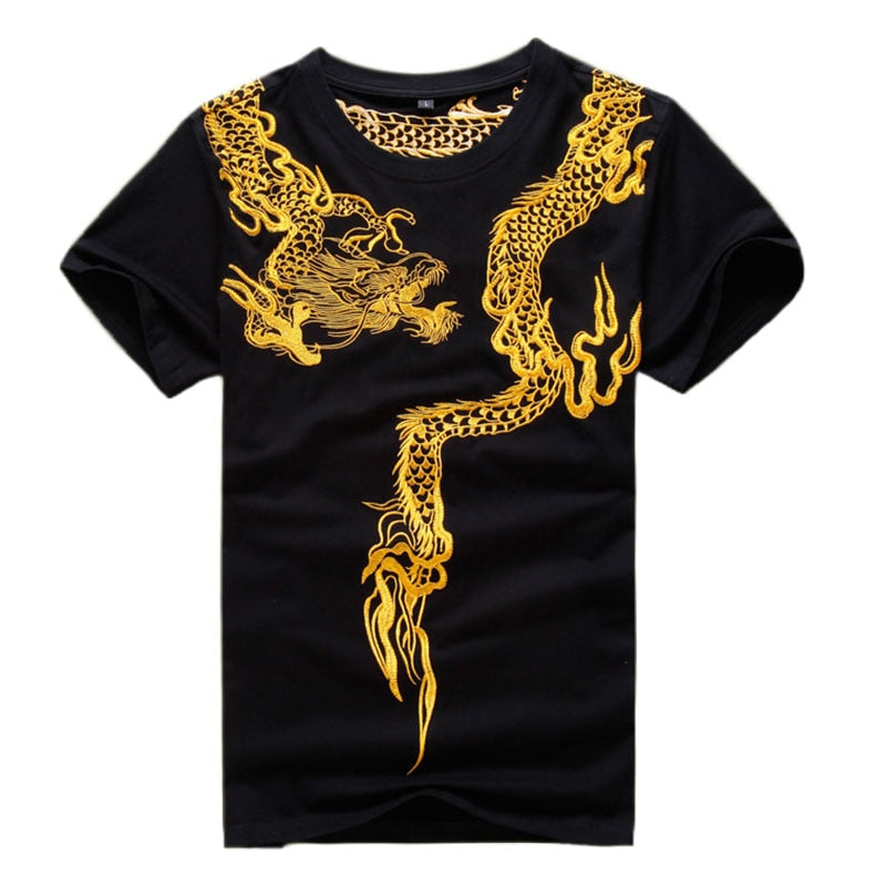 Men's Golden Dragon Embroidered Chinese Cotton T-Shirt