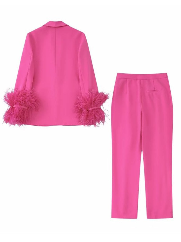 Hot Pink Feather Blazer + Slacks Women's Suit