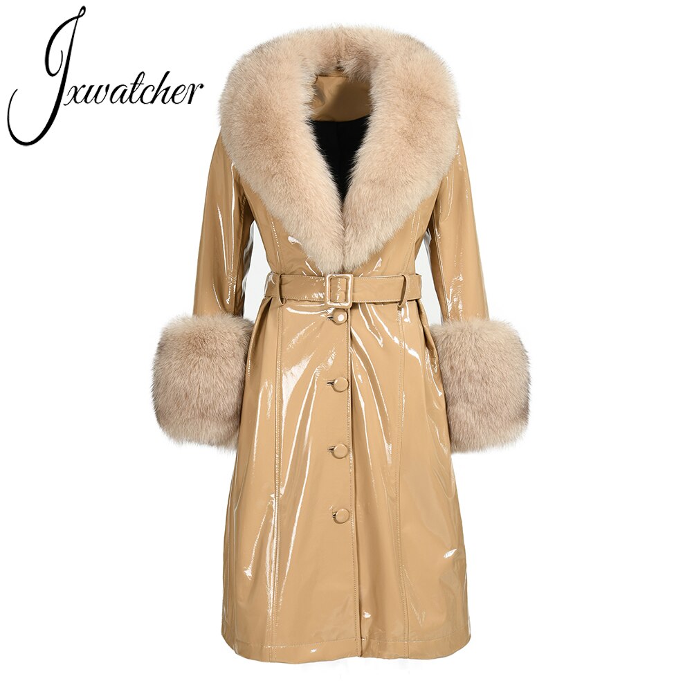 Genuine Leather Ladies Sheepskin w/ Real Fox Fur Collar Trenchcoat