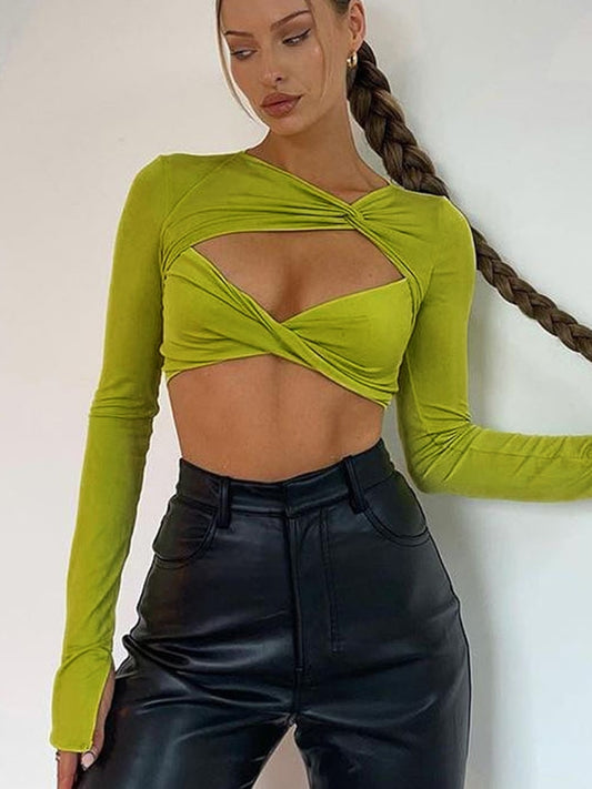 Cropped Cut-Out Long Sleeve Wrap Top