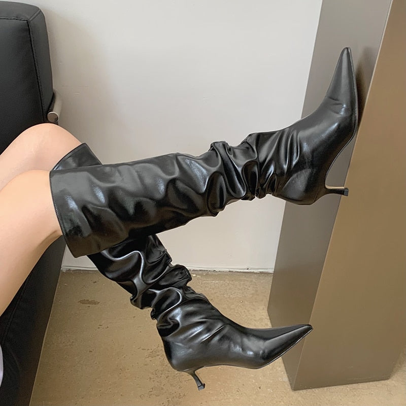 Pointed Toe Knee High Boots Thin High Heel Boots