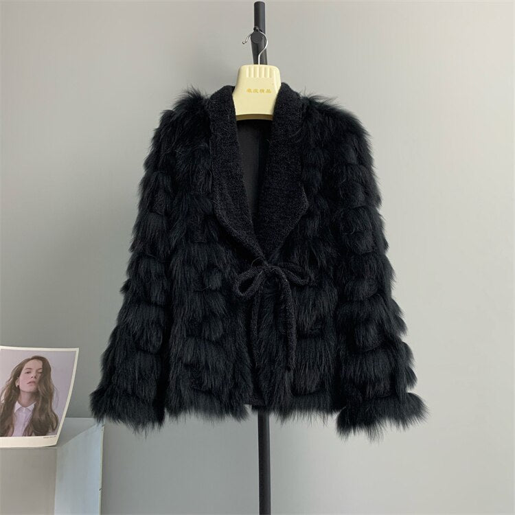 Genuine Fox Fur Ladies Knitted Cardigan Jacket