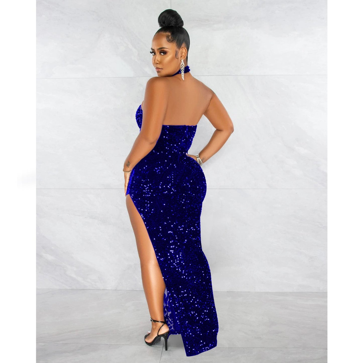 Sequined Sheer Mesh Halter Backless High Split Evening Party Dress