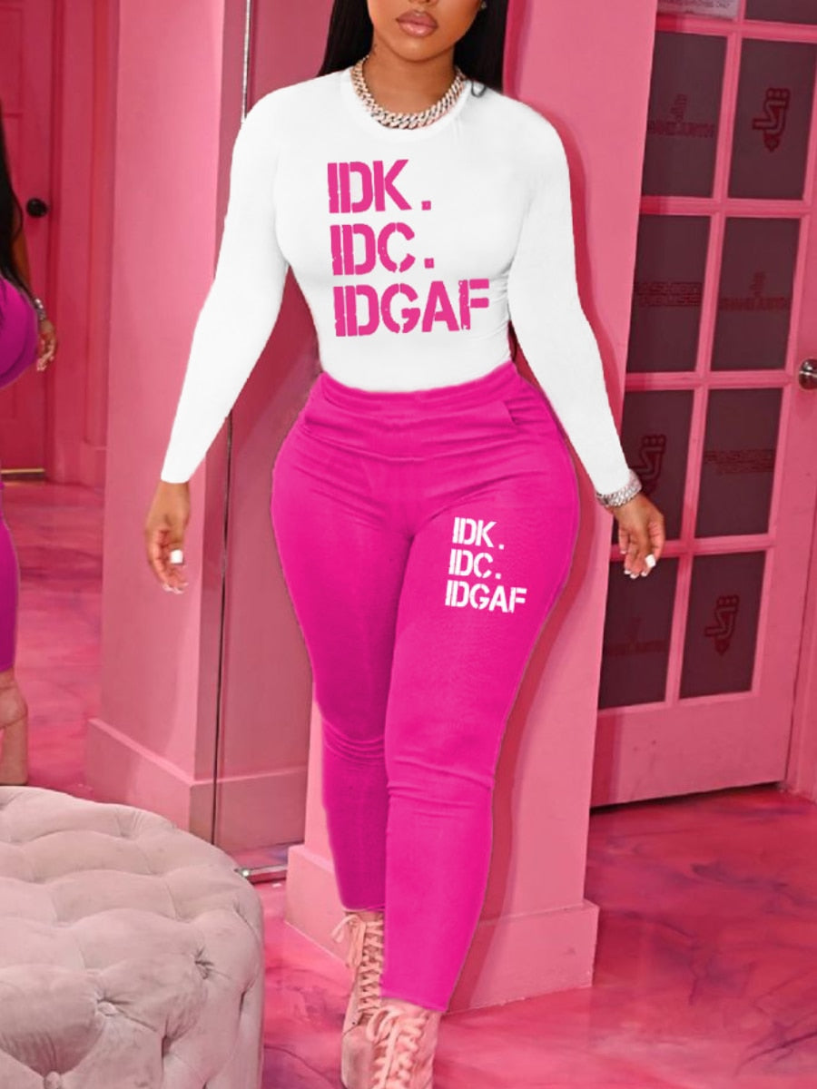 Tune Squad /Heart / IDK IDC IDGAF Printed Long Sleeve Women's O-Neck T-Shirt + Pants 2-Piece Set to 5X Plus Size