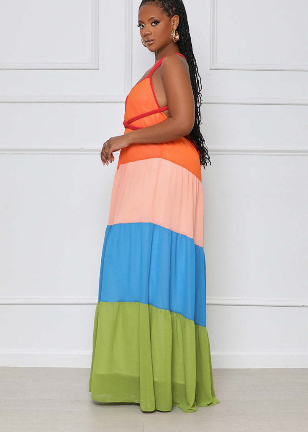 Patchwork Chiffon Halter Neck Backless Big Swing Maxi Dress