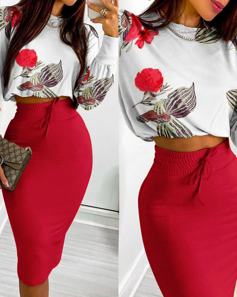 O-Neck Printed Long Sleeve Top & Drawstring Shirred Midi Skirt 2-Piece Set