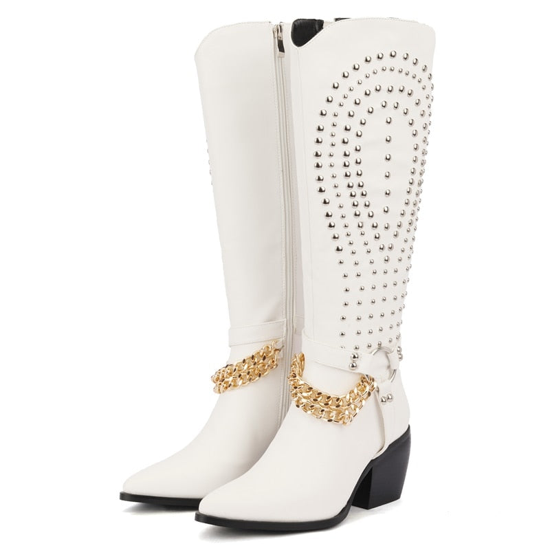 Rivet Gold Chain Leather Knee High Pointed Toe Cowboy Boots