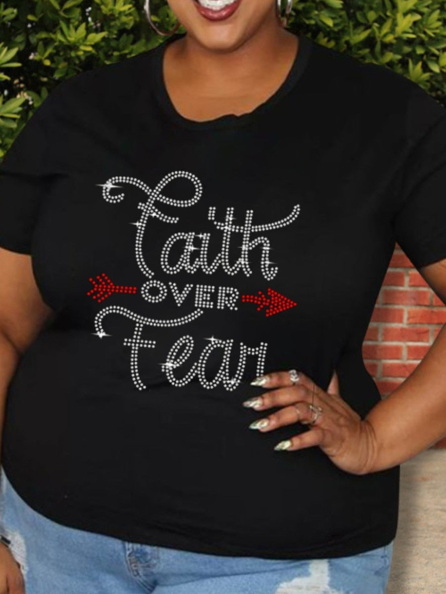 Plus Size Rhinestone Faith Letter O-Neck "Faith Over Fear" T-Shirt