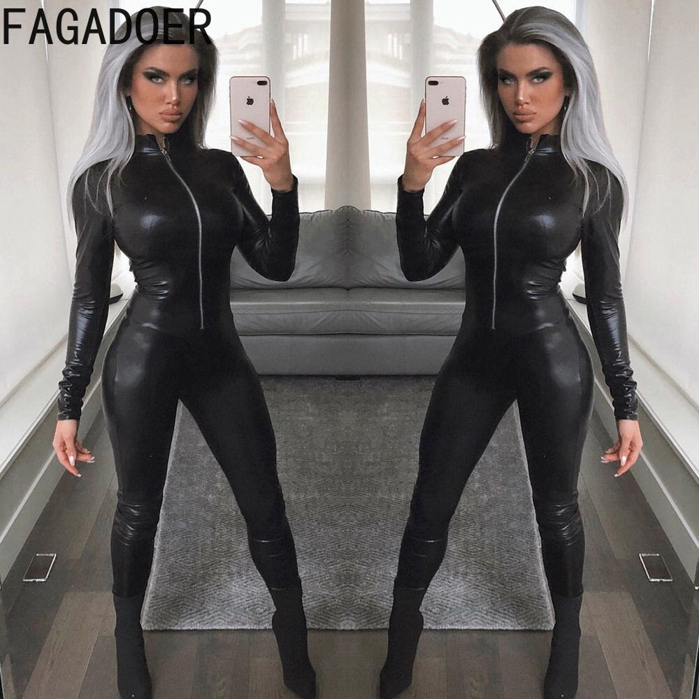 Faux PU Leather Zipper Long Sleeve Bodycon Jumpsuit