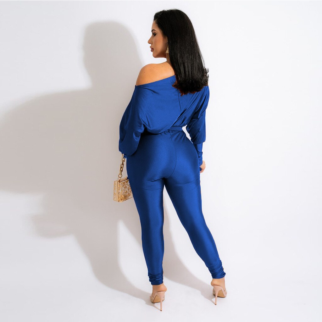 Shoulderless Long Sleeve Letter Print Belt Jumpsuit w/ Belt