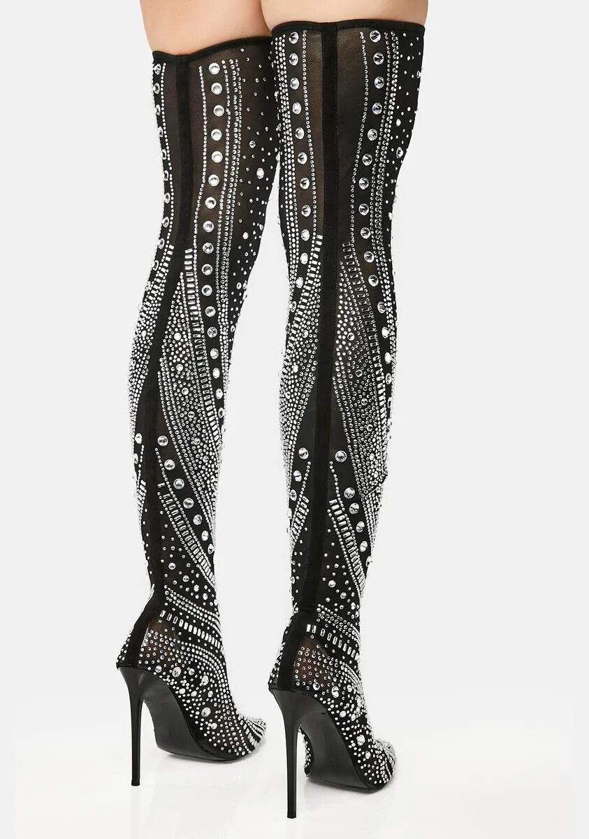 Crystal Embellishment Pointed Toe High Rhinestone Boots