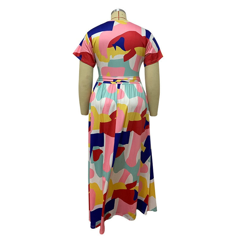 Deep V-Neck Multicolored Bandage Short Sleeve Plus Size Dress to 5X