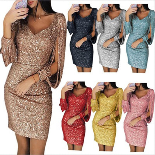 Sequin Glitter Sparkle Deep V-Neck Short Tassel Sleeve Dress to 5X