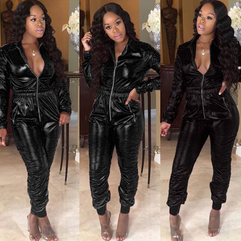 Faux Leather Turn Down Collar Zipper Long Sleeve Jumpsuit