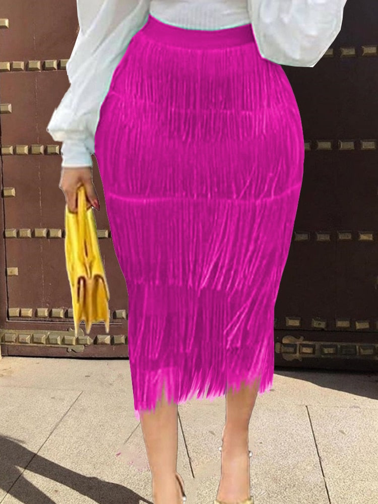 Tassel Fringe Bodycon Pencil High Waist Midi Plus Skirt to 3X