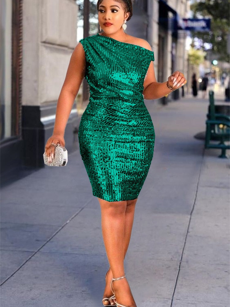 Asymmetrical One Shoulder Sequin Plus Size Bodycon Sleeveless Mini Dress to 4X