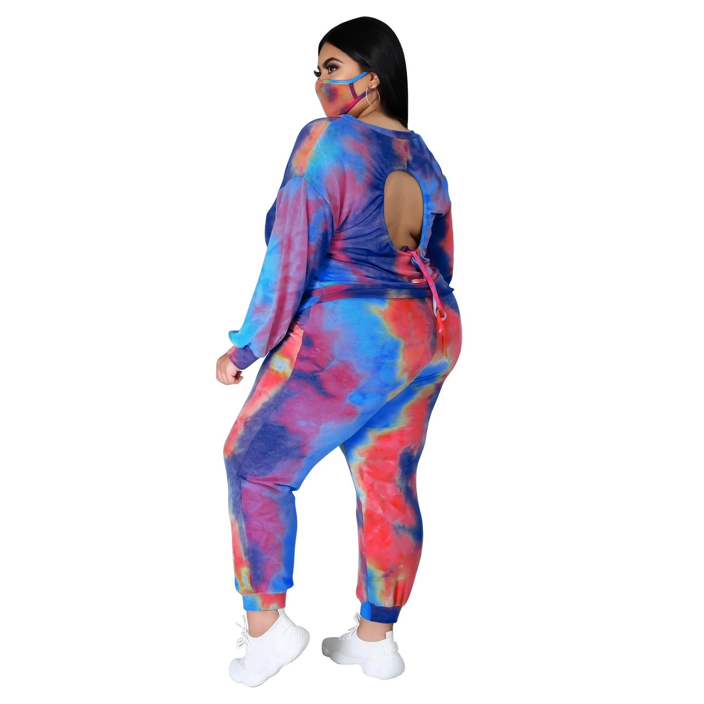 Tie-Dye Hollow-Out Open Lace-Up Back Long Sleeve Pullover Sweatshirt + Sweatpants Women's Tracksuit to 5X Plus Size