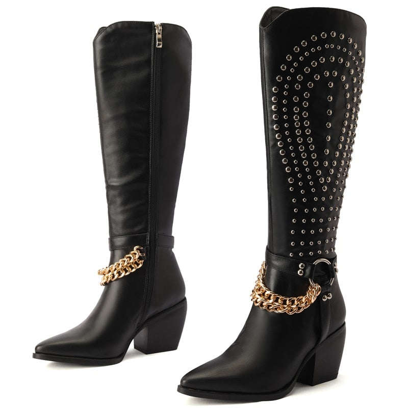 Rivet Gold Chain Leather Knee High Pointed Toe Cowboy Boots