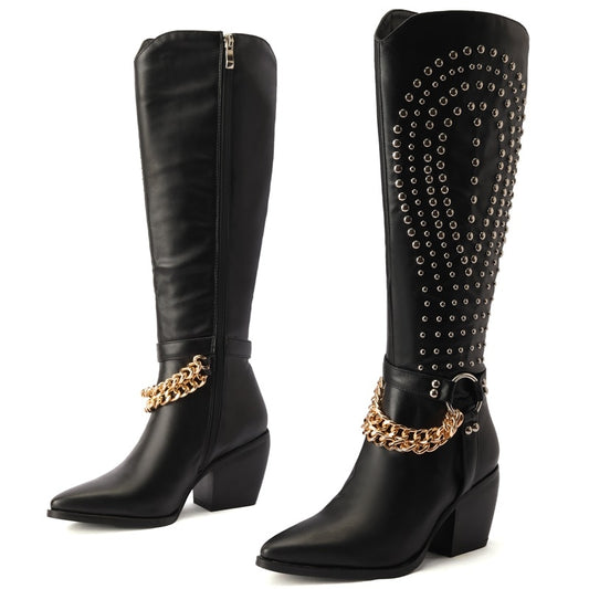 Rivet Gold Chain Leather Knee High Pointed Toe Cowboy Boots