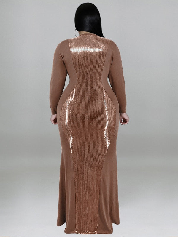 Shiny V-Neck Long Sleeve Maxi Evening Gown Plus to 5X