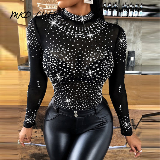 Studded Sheer Mesh Rhinestone Decor Long Sleeve Bodysuit